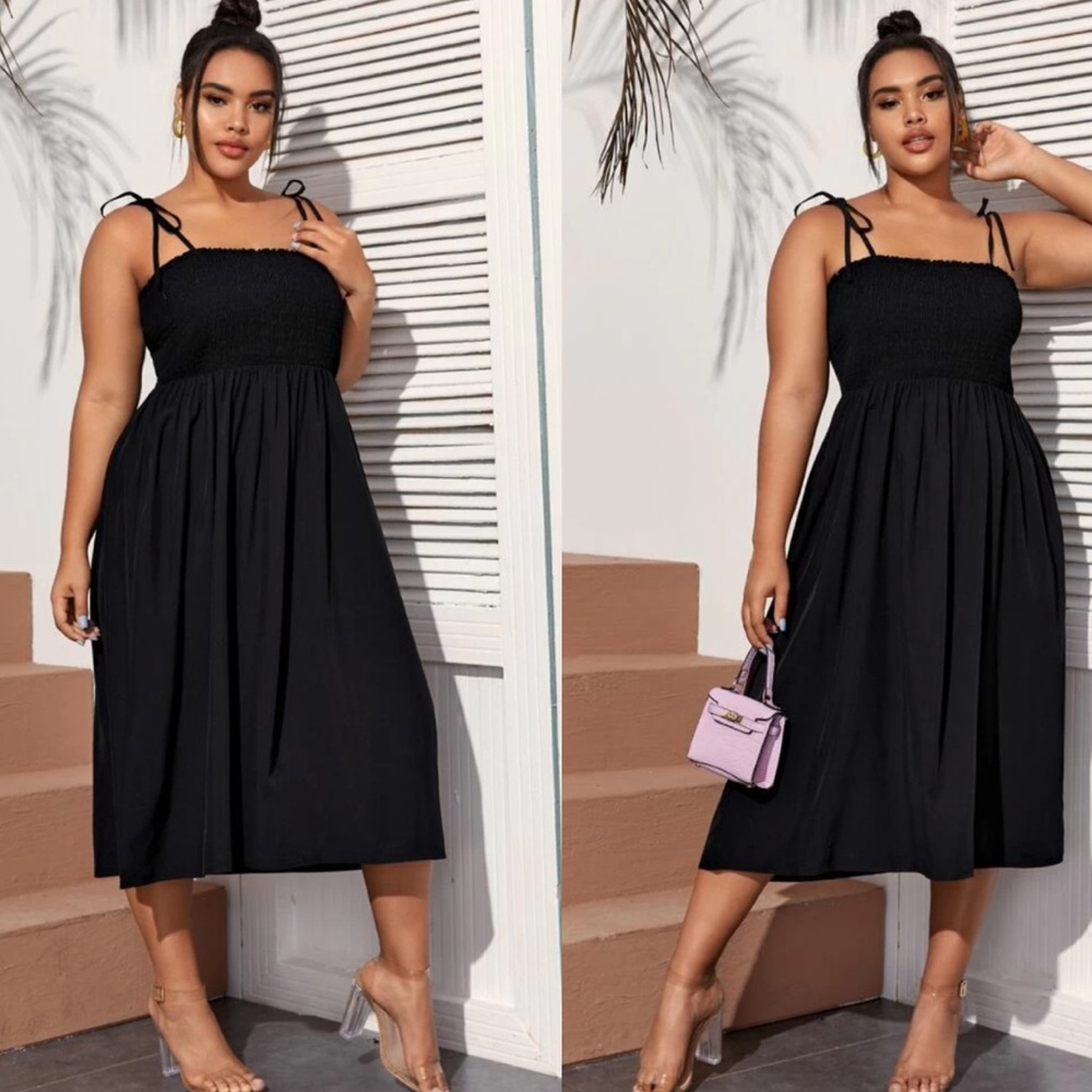 Black plus size tie shoulder shirred chest dress - Picture 1 of 5